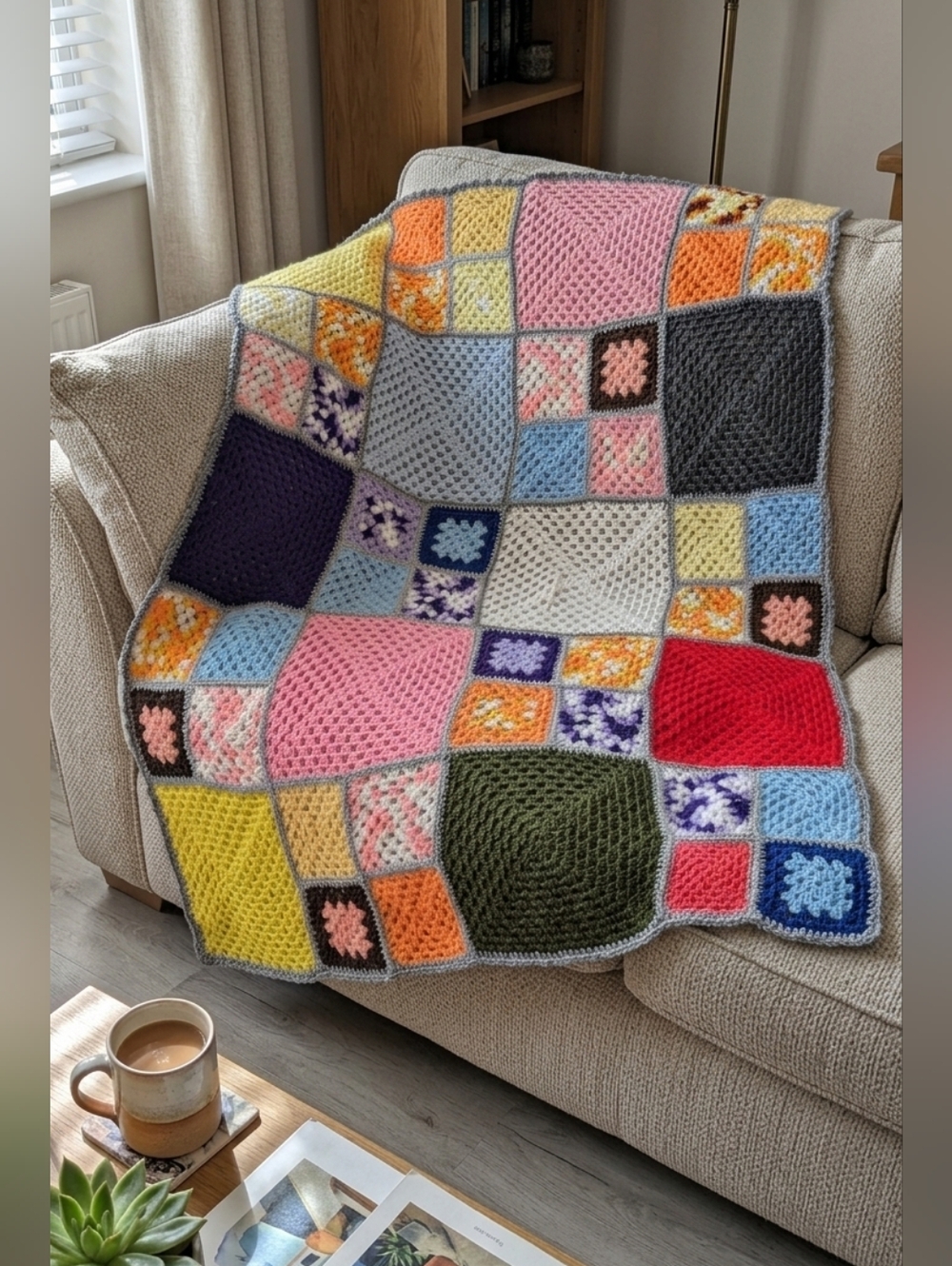 Handmade Multicolor Crochet Patchwork Granny square Cottagecore Throw Blanket